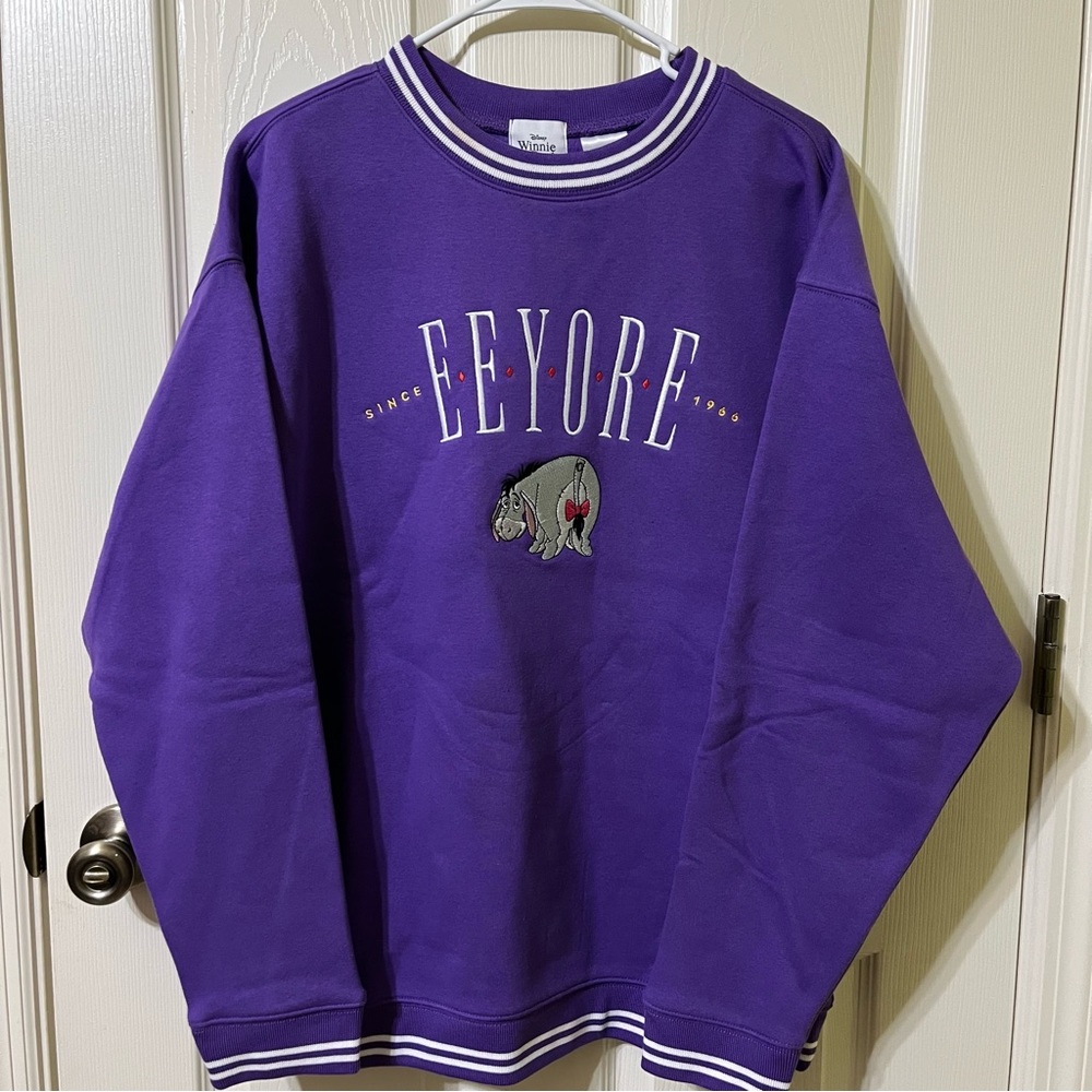 Disney Winnie the Pooh Eeyore Embroidered Purple Pullover Sweater Size L NWT